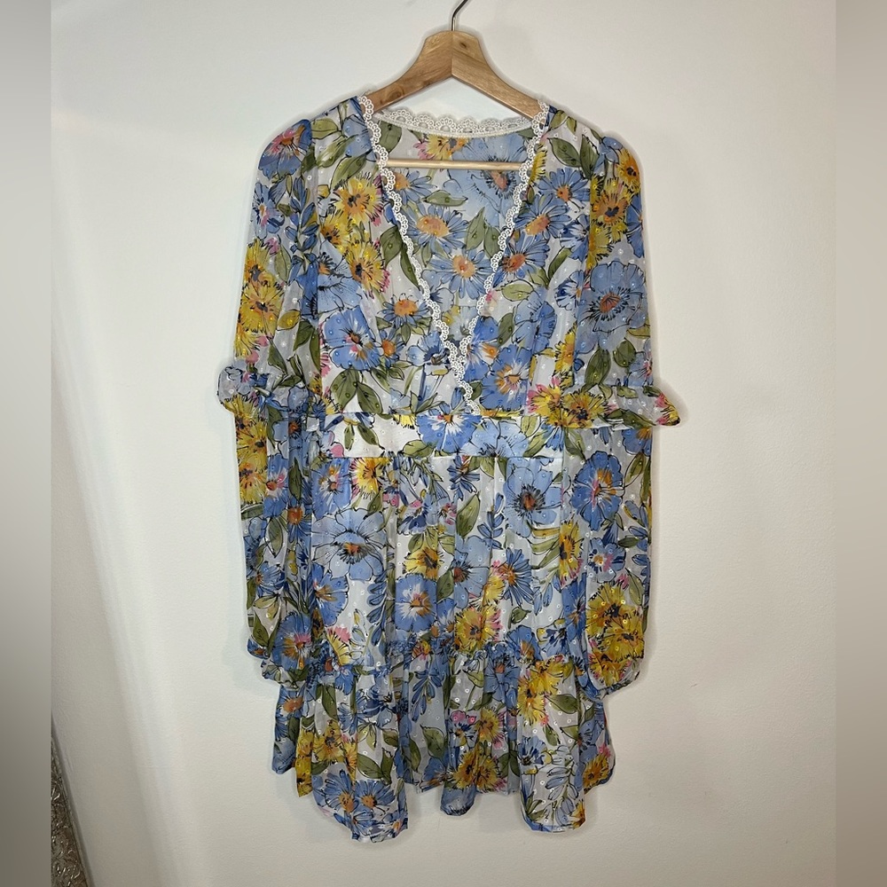 Floral Print, Lace Trim Lantern Sleeve Ruffle Hem Dress. Perfect for Spring!